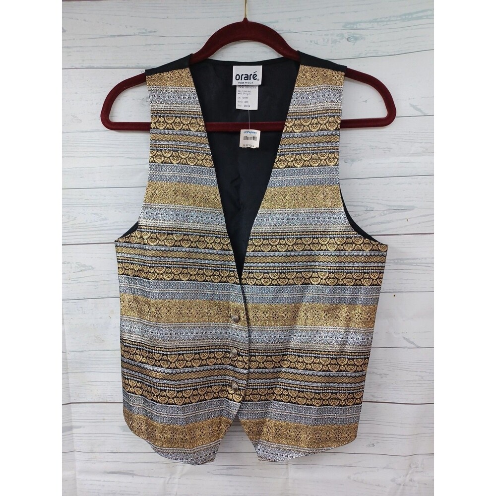 Vtg Orare Vest Black Gold Tone Striped Metallic Gold Silver Sz M